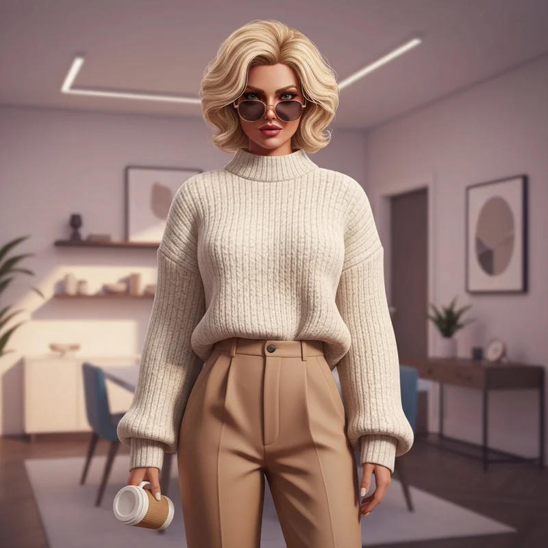 A stylish avatar in Roblox Dress To Impress wearing the social media mom dti beige mom aesthetic with a neutral sweater and oversized sunglasses.