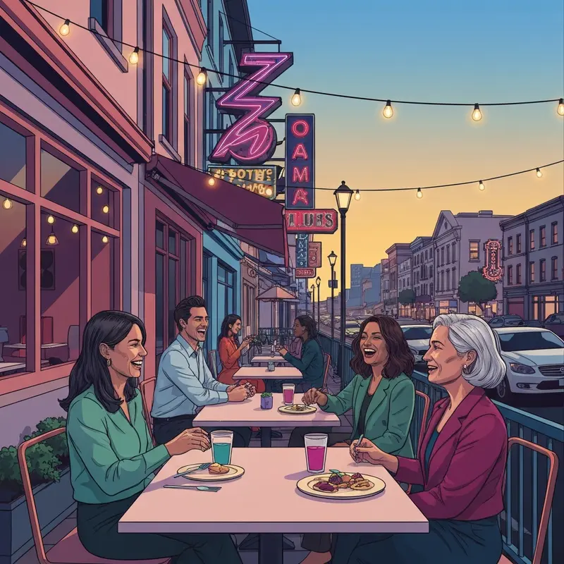 The vibrant outdoor patio of The Social List Long Beach on Retro Row, featuring a diverse group of friends enjoying seasonal cocktails and craft beer at sunset.