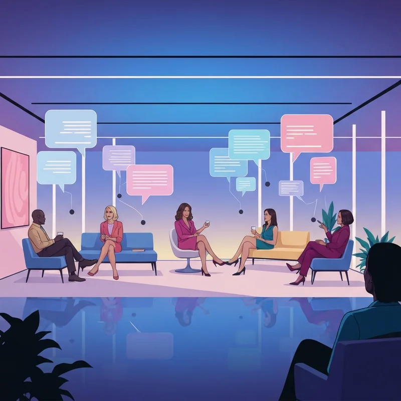 A diverse group of digital professionals collaborating in a high-tech, glowing community-driven platform hub, representing a modern social media forum.