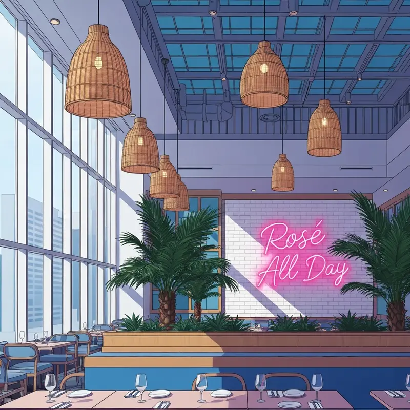 A stylish woman in a white linen dress posing in front of the Rosé All Day sign for her the hampton social dallas photos collection.