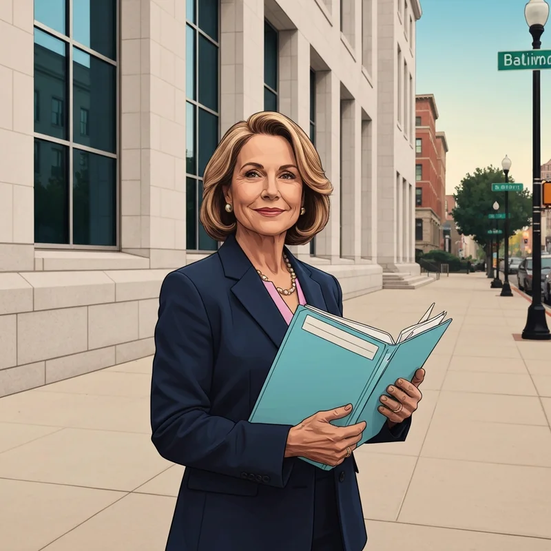 A mature woman looking organized and calm while holding a folder outside a social security office baltimore building.