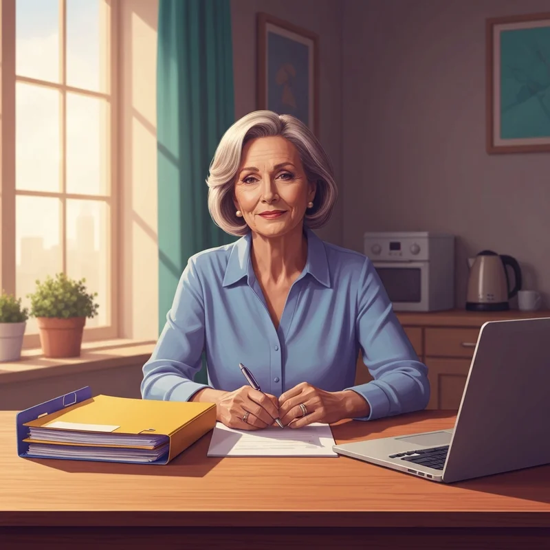 A serene older adult looking through financial papers in a sunlit kitchen, representing the process of receiving social security and disability benefits with dignity.