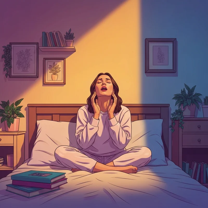 A young woman sitting in a cozy, dimly lit room with a soft glow, looking relieved and peaceful as she recharges her social battery.