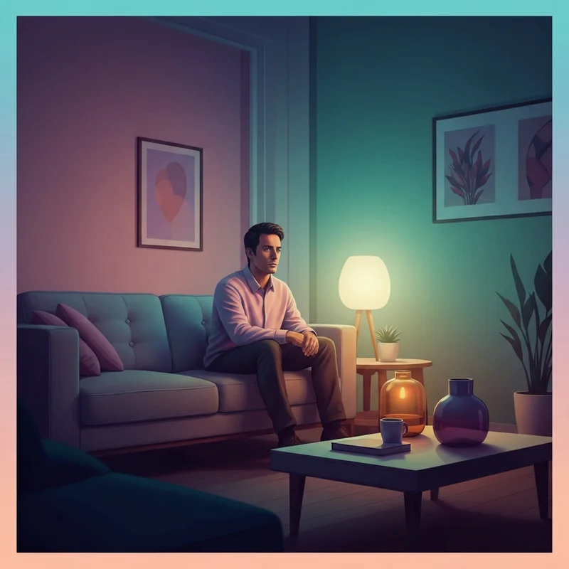 A woman sitting on a velvet sofa in a dimly lit room looking pensively at a glowing smartphone, representing the emotional numbness of social anhedonia.