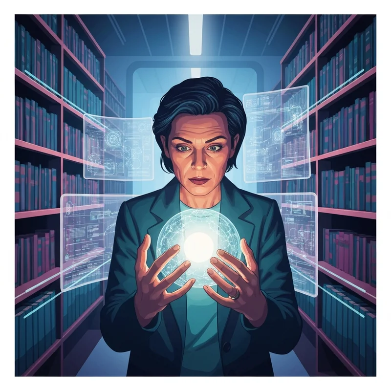 A young person standing in a crowded, neon-lit digital space, looking thoughtfully at a floating holographic data stream representing informational social influence.