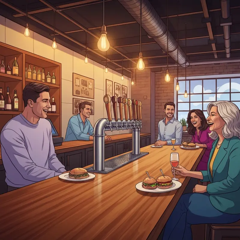 The vibrant interior of Brookfield Social in Brookfield CT showing the 16-tap craft beer bar and modern American brewpub atmosphere.