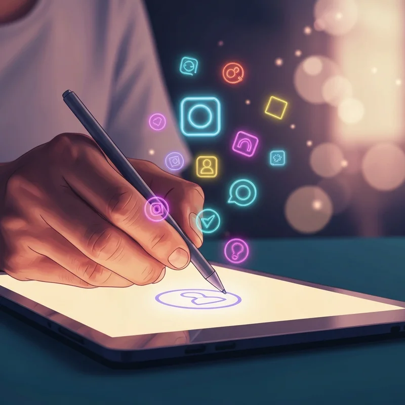 Ilustración creativa de una mano dibujando logos digitales, concepto de dibujo ver redes sociales con estética neón y moderna.