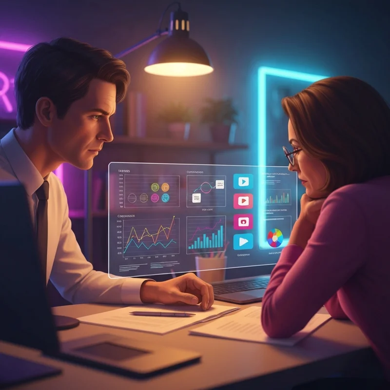 A diverse group of e-commerce founders analyzing data and reviews of social media video platforms for e-commerce ad campaigns on multiple screens in a modern studio.