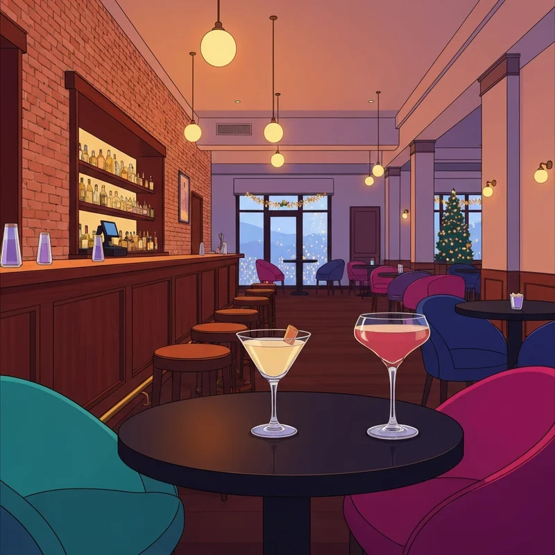 The atmospheric interior of Parkside Social in Verona NJ during the Miracle pop-up event with festive lights and craft cocktails.