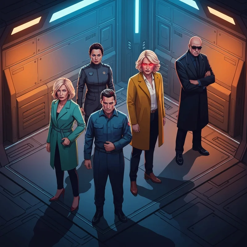 A group of diverse digital avatars standing in a circle under a single spotlight in a dark, high-tech spaceship corridor, one avatar holding a hidden glowing red object while others look suspicious, multiplayer social deduction game theme.