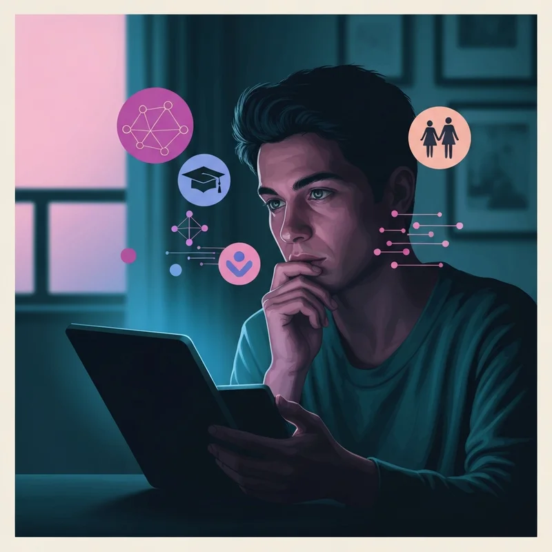 A young adult thoughtfully looking at a digital interface showing various icons of family, school, and social media, illustrating the concept of what is political socialization.