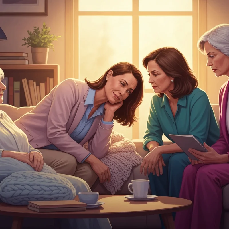 A compassionate hospice social worker sitting with an elderly patient and their family in a warm, sunlight-filled living room, representing end-of-life support and peace.