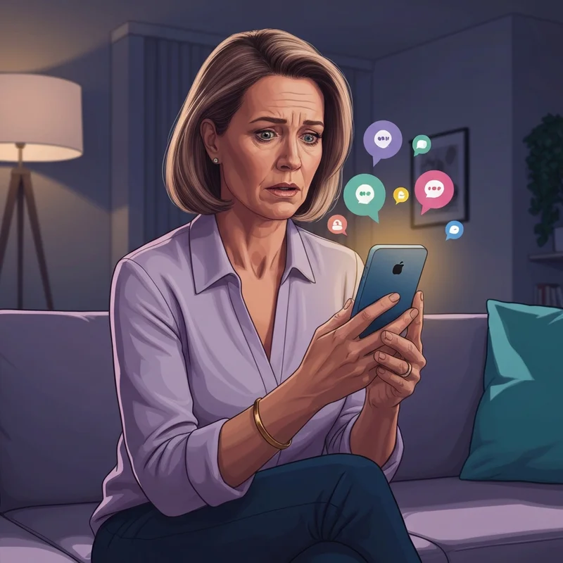 A concerned parent looking at a smartphone screen displaying TikTok slang and the question what does bop mean on social media.