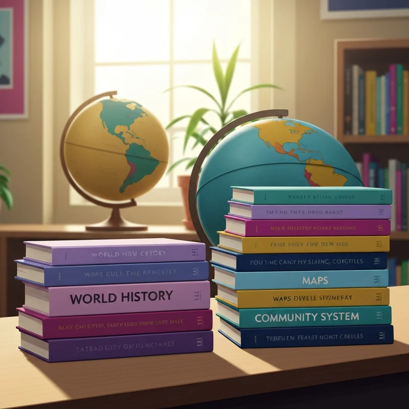 A diverse collection of social studies book covers and colorful geography workbooks arranged on a wooden classroom table with a world globe in the background.