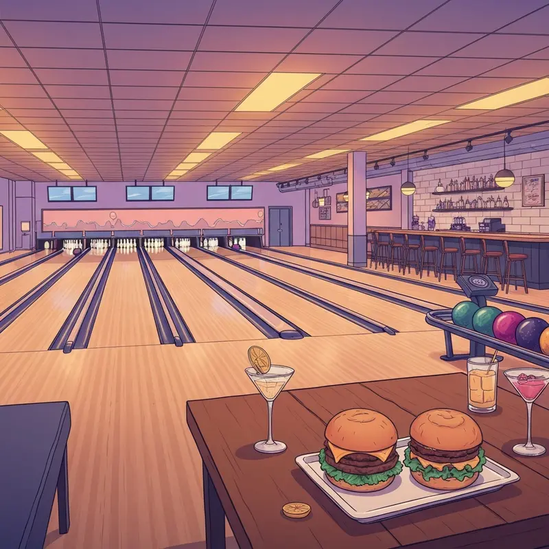 The interior of Seven Ten Social in Hyde Park featuring boutique bowling lanes, retro lighting, and people enjoying Wagyu burgers.