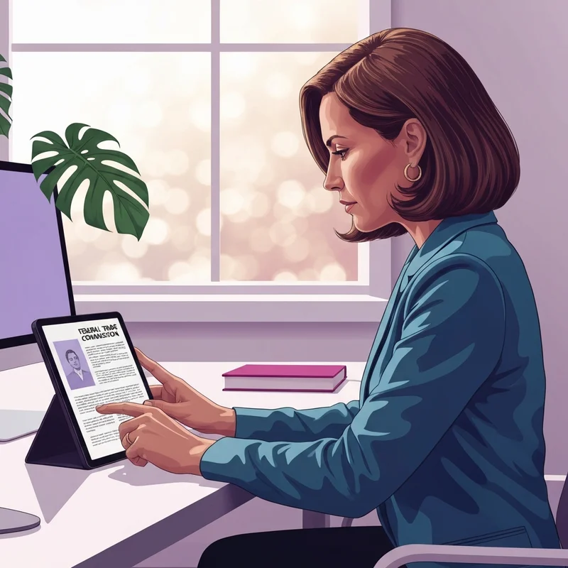 A professional content creator reviewing the ftc disclosures 101 for social media influencers pdf on a high-end tablet in a bright, modern office.