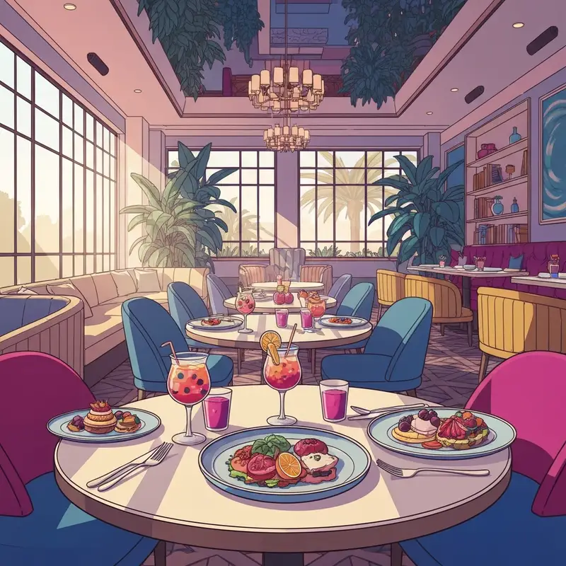 The vibrant interior of Mimosas Social Club in Stockton featuring tropical decor and people enjoying brunch cocktails.