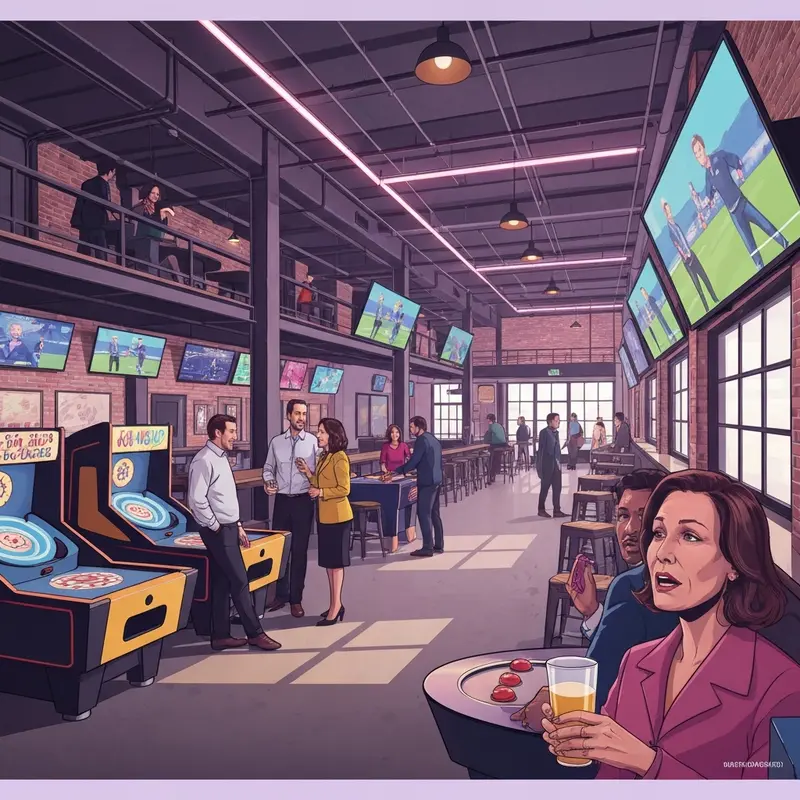 The vibrant social atmosphere inside Penn Social DC featuring arcade games and large screens.