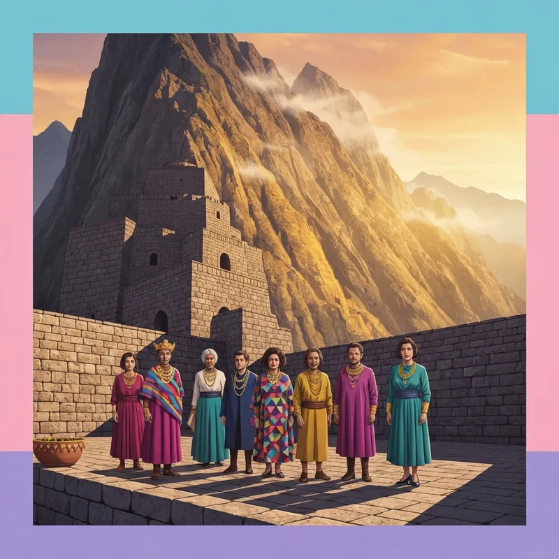 The complex social structure of the Inca empire visualized as a golden pyramid against the backdrop of the Andes mountains.