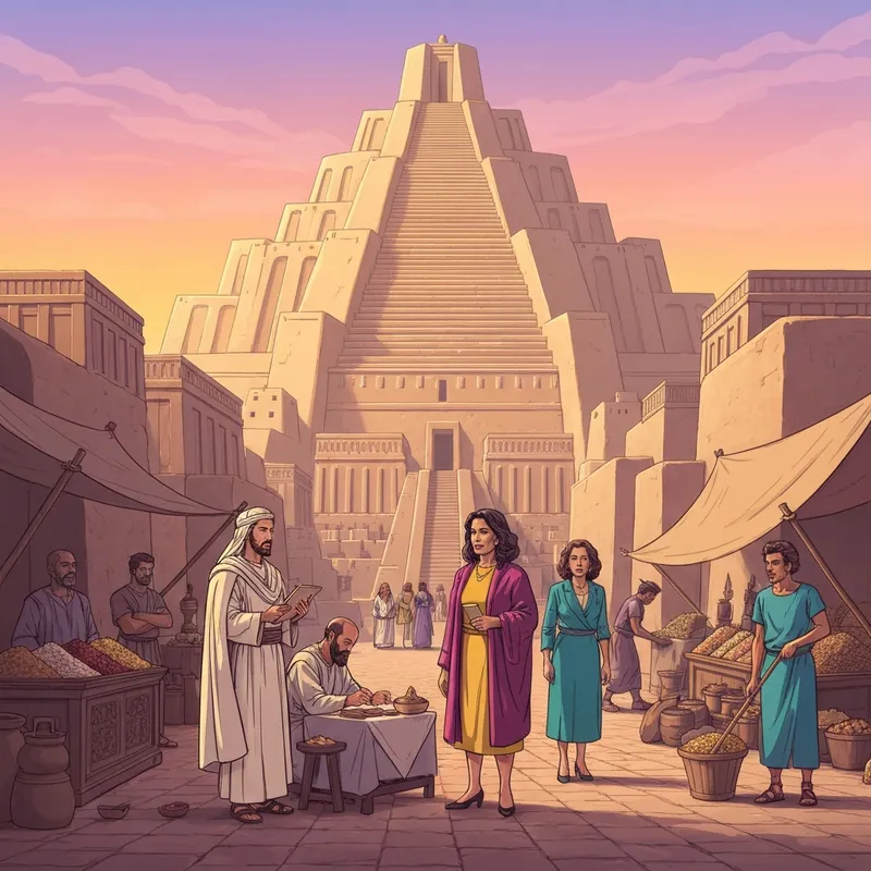 A cinematic visualization of the mesopotamia social structure showing a bustling Sumerian city with a towering ziggurat and diverse social classes.