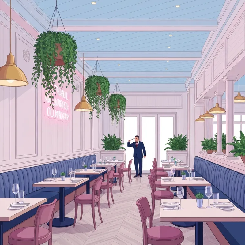 The airy and bright interior of Hampton Social River North featuring the Rosé All Day sign and coastal luxury decor.