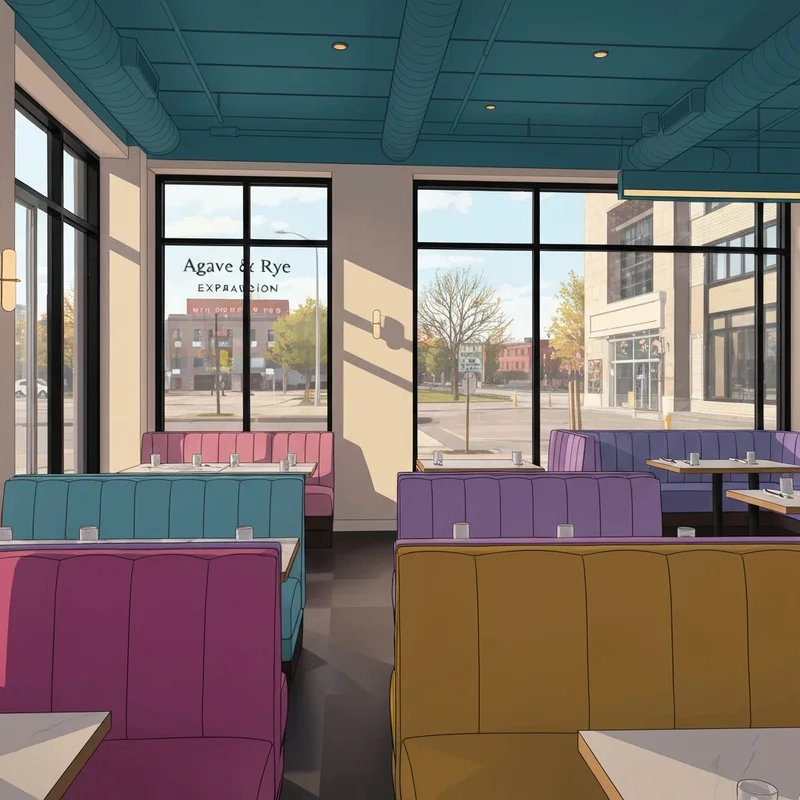 A trendy, modern interior of a closed restaurant in Grandview Heights with construction signs for loco social.