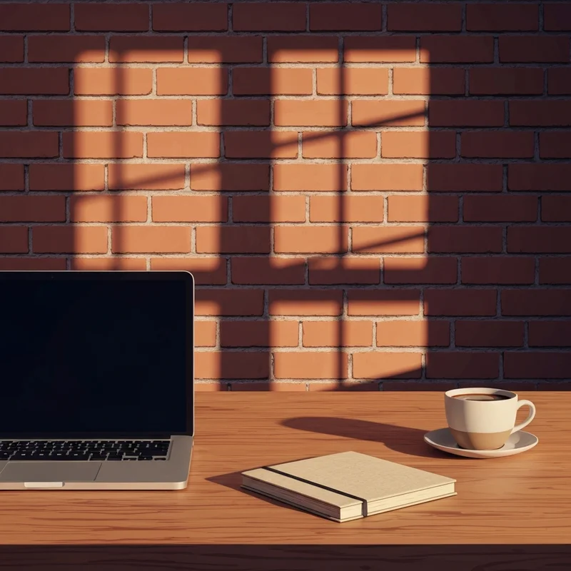 A high-contrast, minimalist Brooklyn social style workspace with exposed brick, a designer laptop, and a cup of coffee in natural light.
