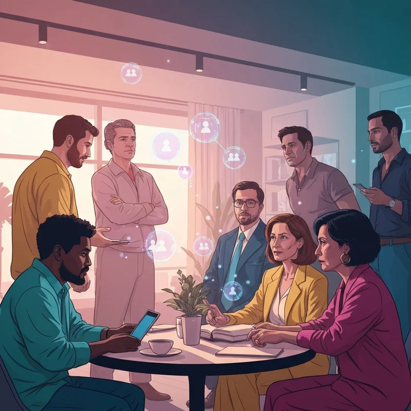 A diverse group of young adults collaborating in a modern, neon-lit digital space, representing the evolution of social organization.