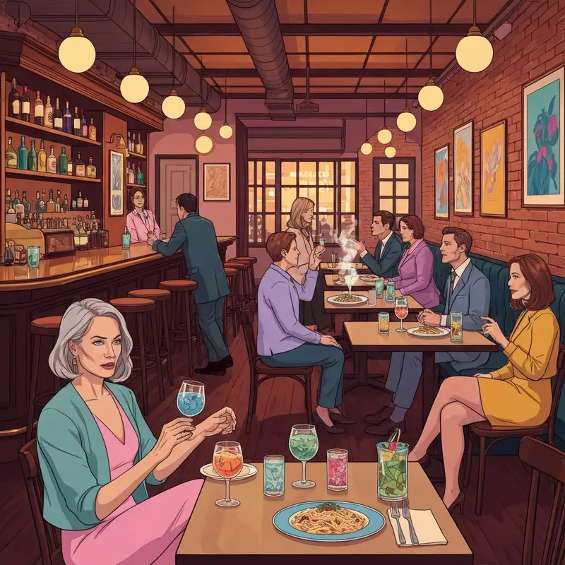 The warm, candlelit interior of Northeast Social, a premier Minneapolis New American restaurant, featuring people enjoying craft cocktails and Italian-inspired cuisine.