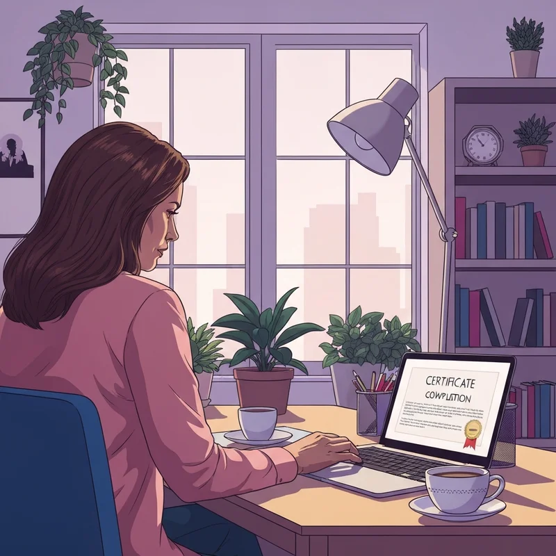 A professional social worker reviewing free social work ceus on a laptop in a cozy home office.