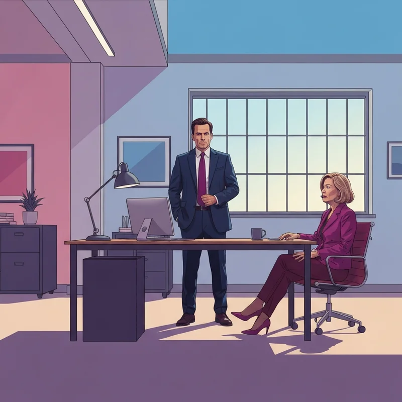 A visual representation of social dominance orientation showing a diverse group of people in a modern office setting with an abstract ladder overlapping the scene.