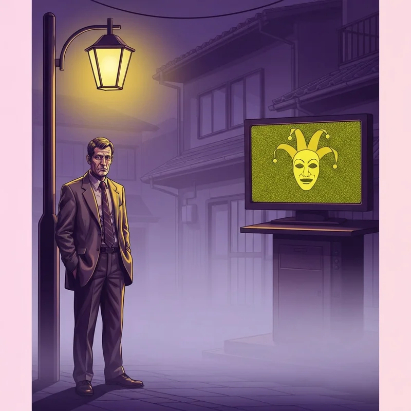 Adachi social link guide for Persona 4 Golden showing the Jester arcana symbol and a detective silhouette in the fog.