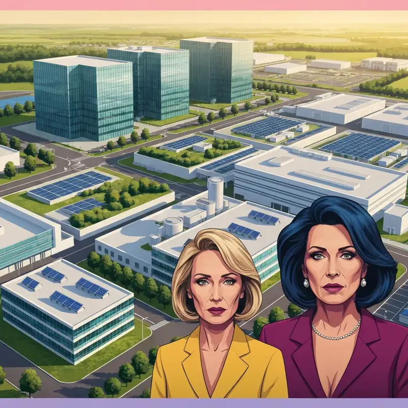 A futuristic architectural visualization of a Special Economic Zones industrial base in Ontario.