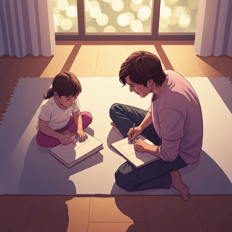 A young child and a parent sitting together on a floor, focused on building a complex structure with colorful blocks, symbolizing autism social skills and connection.