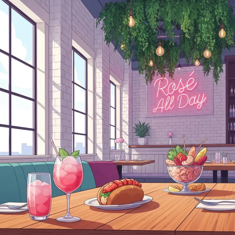 The aesthetic interior of Hampton Social Nashville featuring the Rosé All Day neon sign and coastal chic menu items.