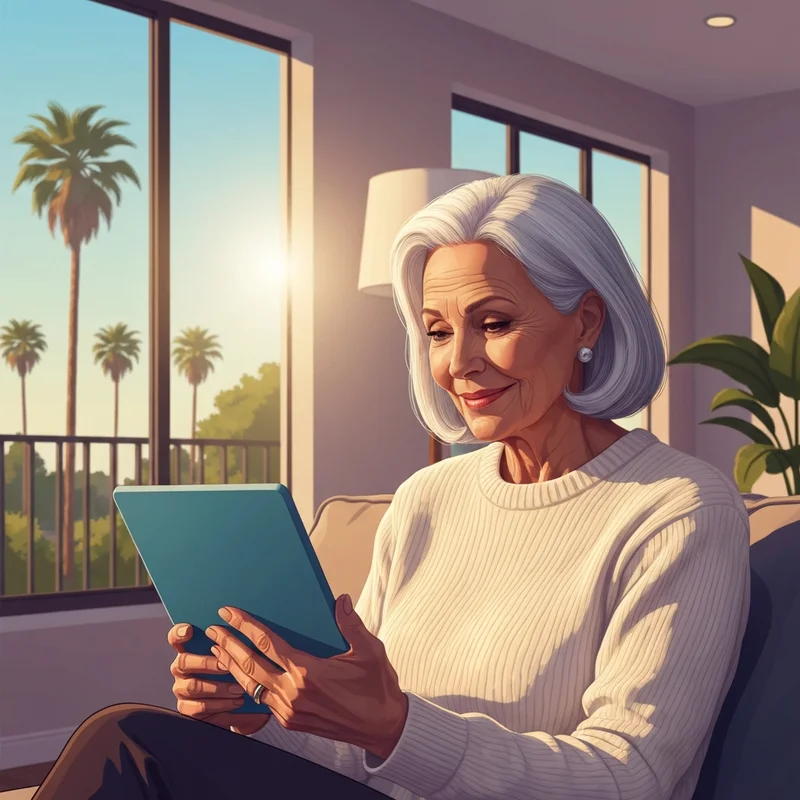 A peaceful senior couple sitting on a sunlit balcony in California, reviewing financial documents with a sense of relief, representing the question: is social security taxable in california.