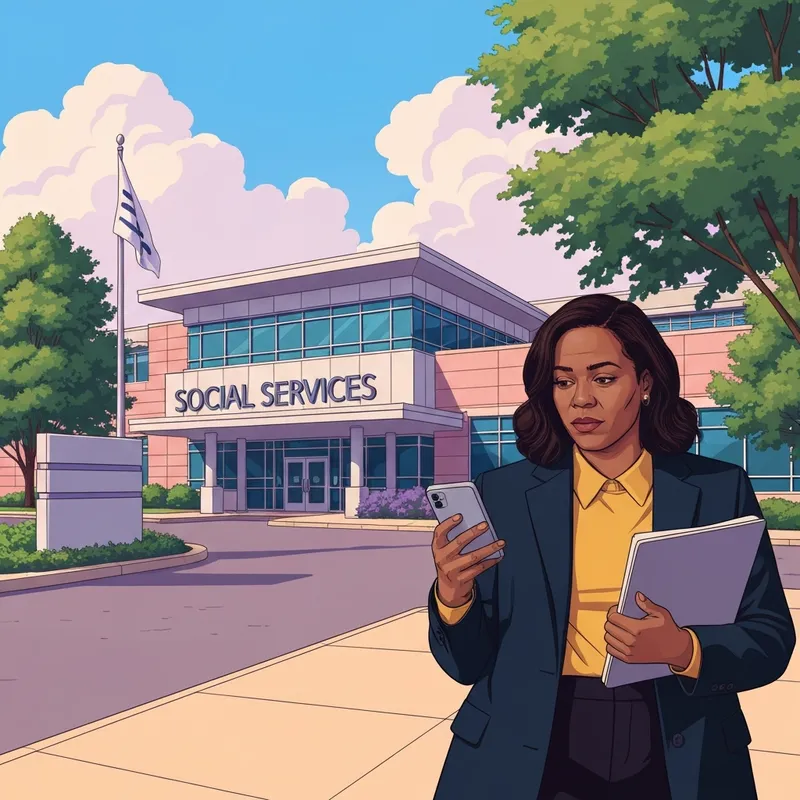 A supportive guide to Catawba County social services featuring a local resource directory and a modern office building archetype.