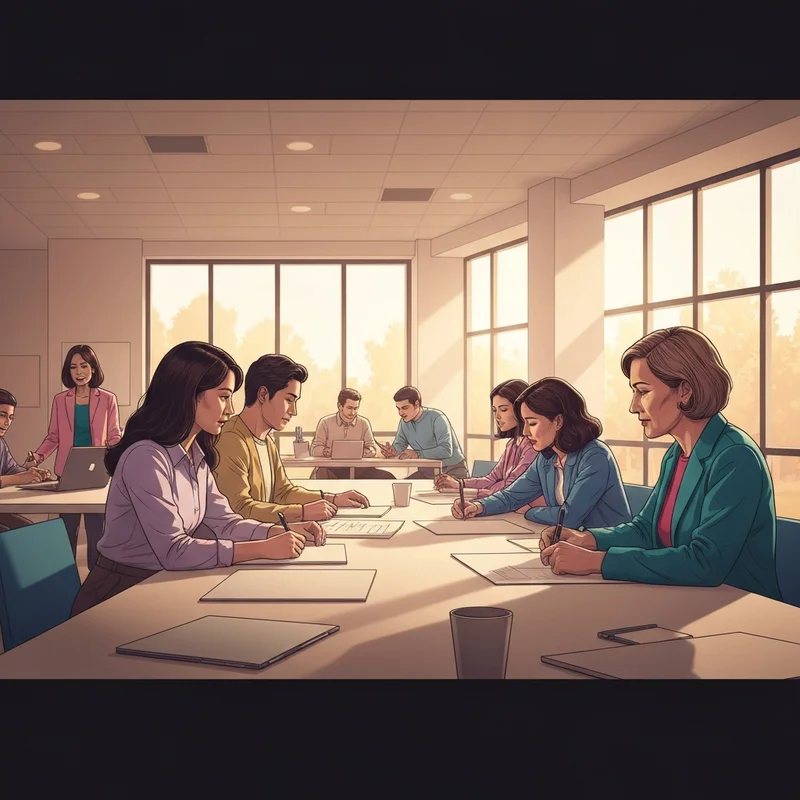 A diverse group of young adults in an inclusive, bright office setting engaging in social vocational services activities.