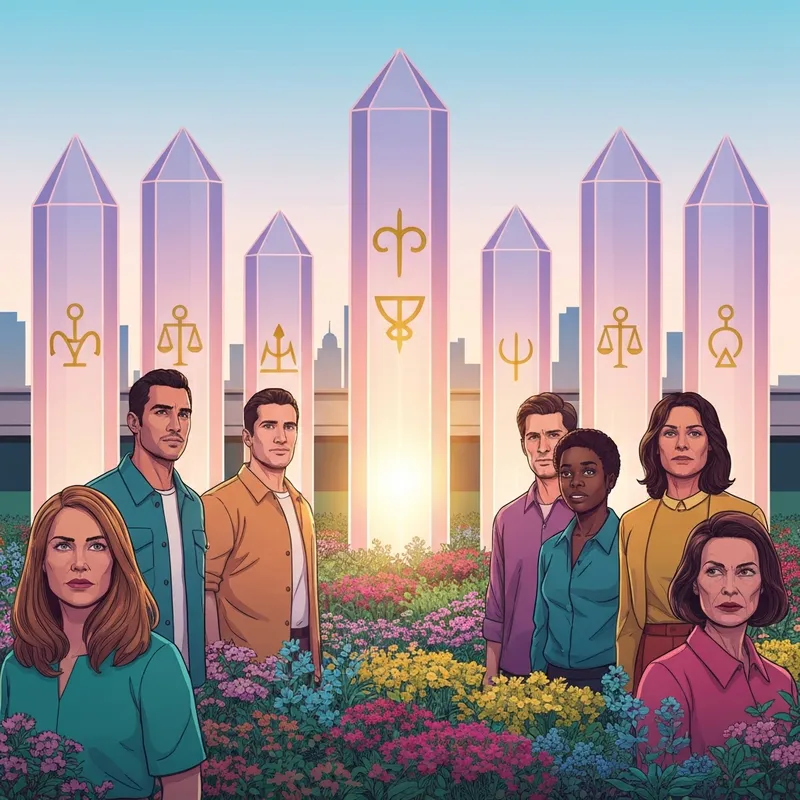 An artistic representation of the 7 pillars of catholic social justice teachings showing diverse hands building a community structure around a central glowing heart.