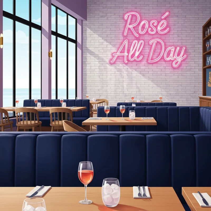 The iconic Rosé All Day neon sign inside The Hampton Social Streeterville, featuring nautical-chic decor and coastal-inspired lounge seating.