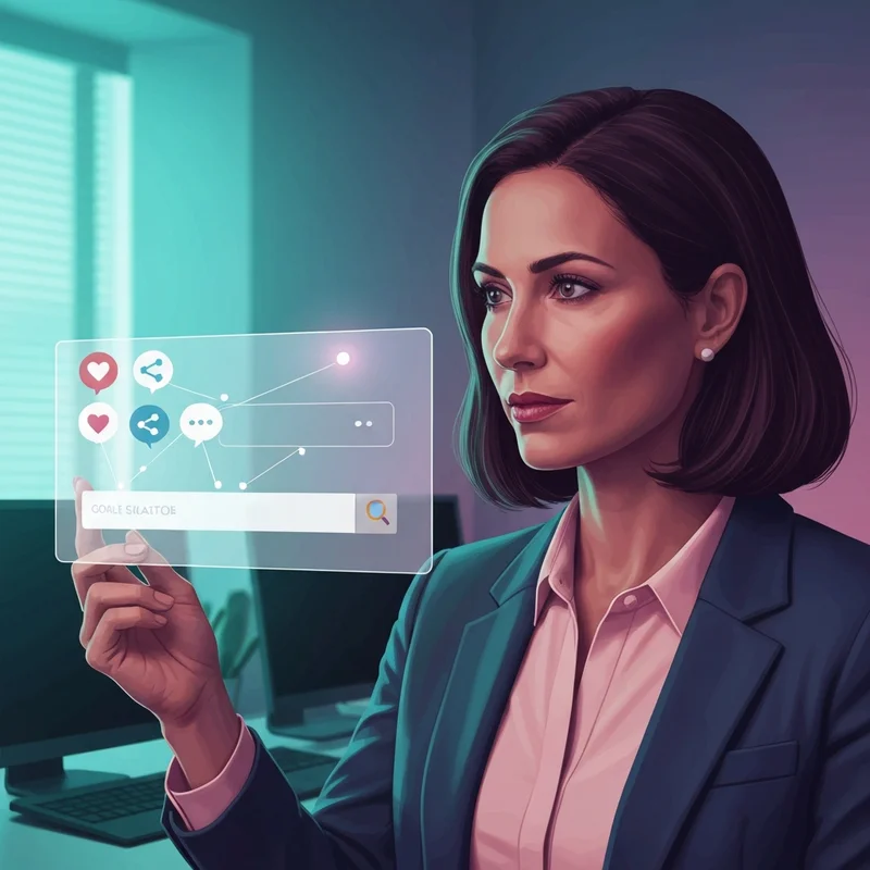 A digital marketer analyzing social signals seo data on a futuristic holographic screen showing social media icons and search ranking graphs.