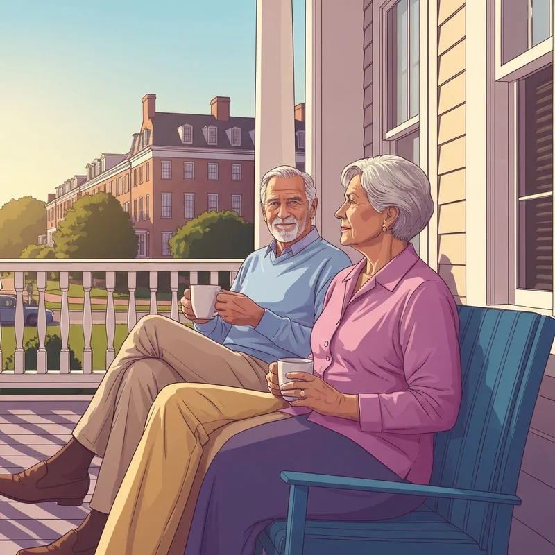 A serene senior couple sitting on a porch in Maryland, reflecting financial peace and the question: does maryland tax social security.