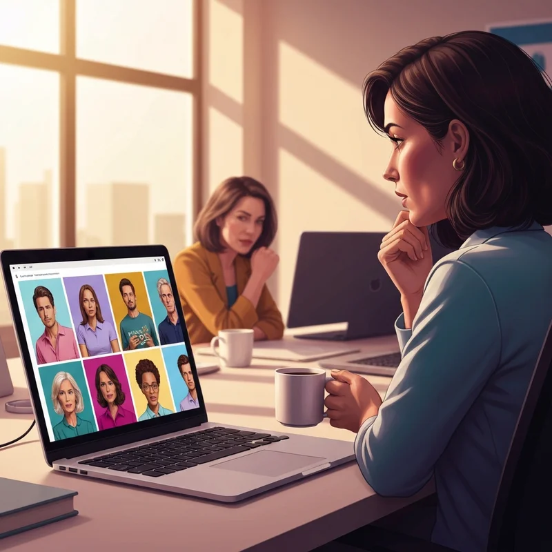 A diverse group of young professionals in a modern workspace, reviewing vibrant social media video clips on a laptop, representing top-rated ugc video makers for social ads.