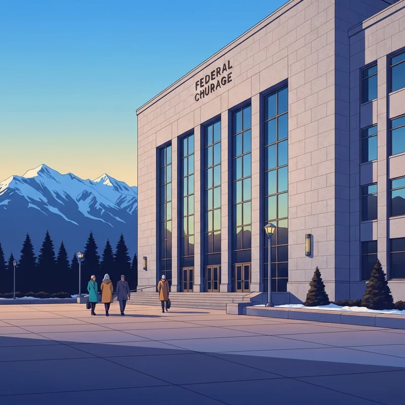 The entrance to the social security office anchorage located in the Anchorage Federal Building with snow-capped mountains in the background.