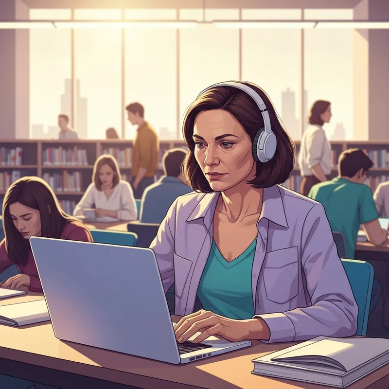 A young professional working in a vibrant cafe, illustrating the social facilitation audience effect and digital body doubling.