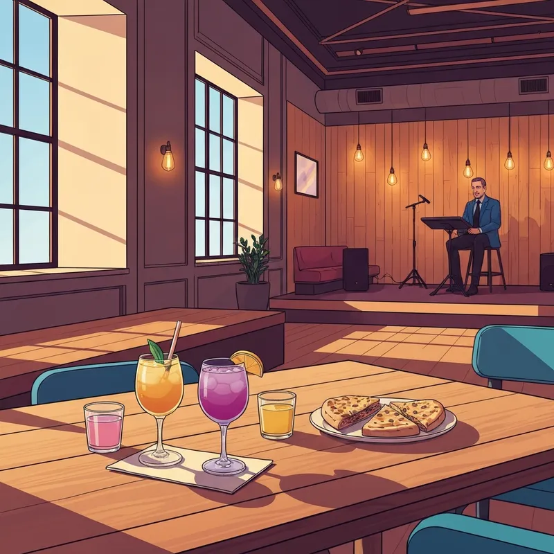 The warm and cozy interior of Church Street Social, featuring artisanal shareable bites and a mimosa flight on a rustic wooden table.