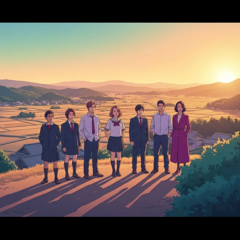 A group of teenage friends standing together under a golden sunset in a rural Japanese town, symbolizing persona 4 social links and bonds.