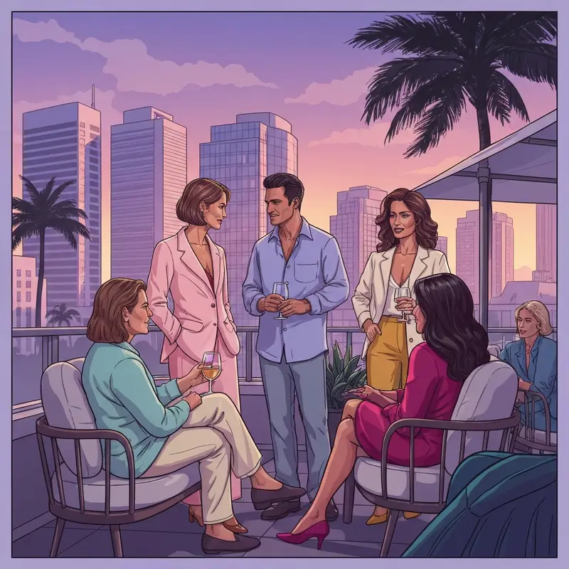 A group of diverse, stylish young professionals laughing and networking at a sunset rooftop lounge, illustrating social norms in miami florida.