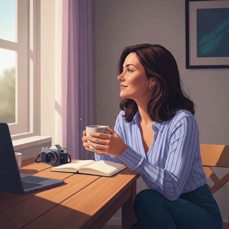 A woman sitting in a sunlit room reading a physical book after having removed social media apps from her phone, looking peaceful and focused.