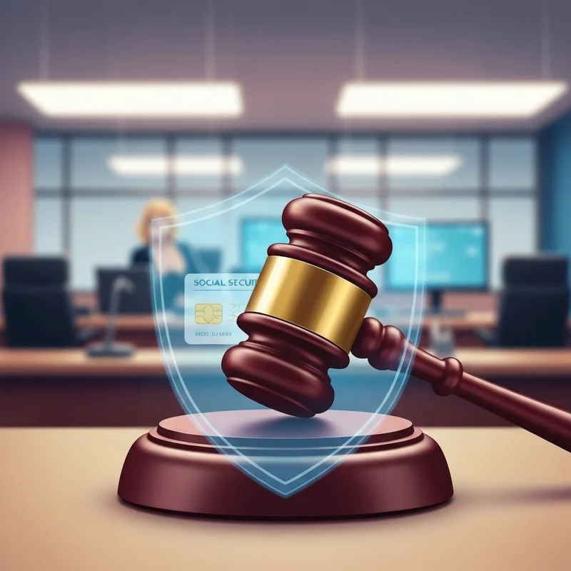A symbolic legal gavel resting on a shield with a Social Security card silhouette, representing the doge social security data access injunction.